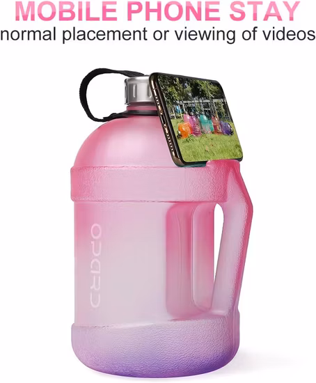 Bouteille d'eau transparente de 1/2 gallons, pichet d'eau de 2,2 l avec poignée et support pour téléphone portable, grande bouteille d'eau sans BPA