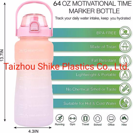 Carafe d'eau étanche en Tritan sans BPA, 2l, pour Sports de plein air, Fitness, avec marqueur de temps, grande bouteille d'eau en plastique de motivation